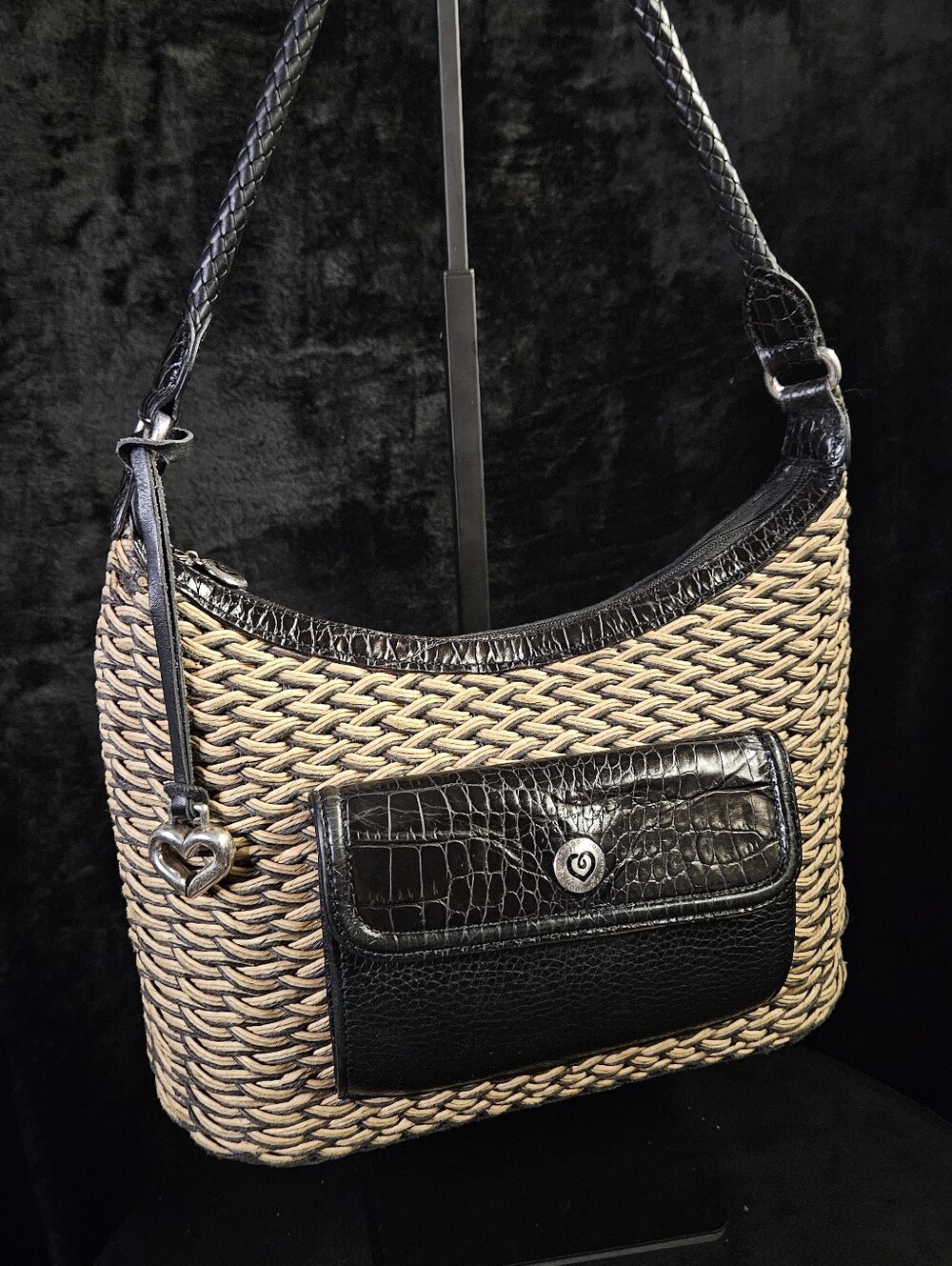 Brighton Edna Woven Straw Hobo Bag with Front Leather Pocket